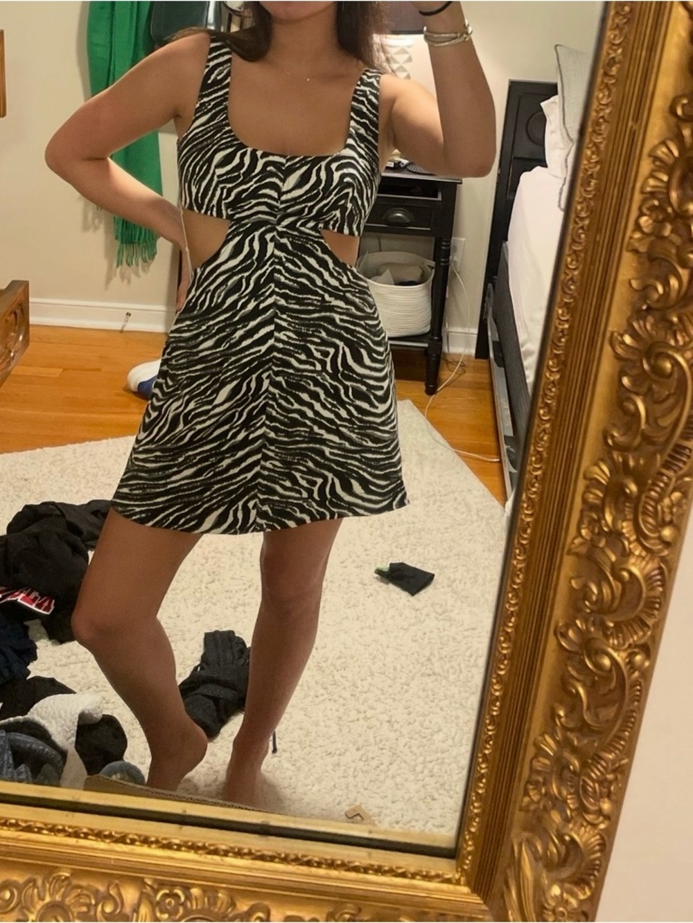 Sleeveless Zebra-Print Cutout Mini Dress in Black & White